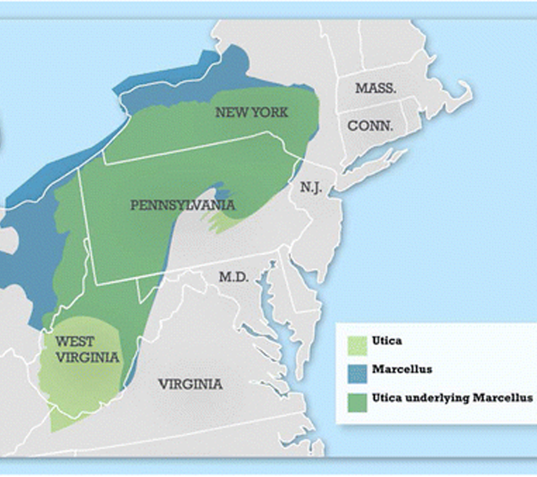 Map illustrating the geographic locations of Marcellus and Utica Shale formations in the Appalachian Basin.